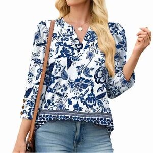 Floral Blue and White Women's Top